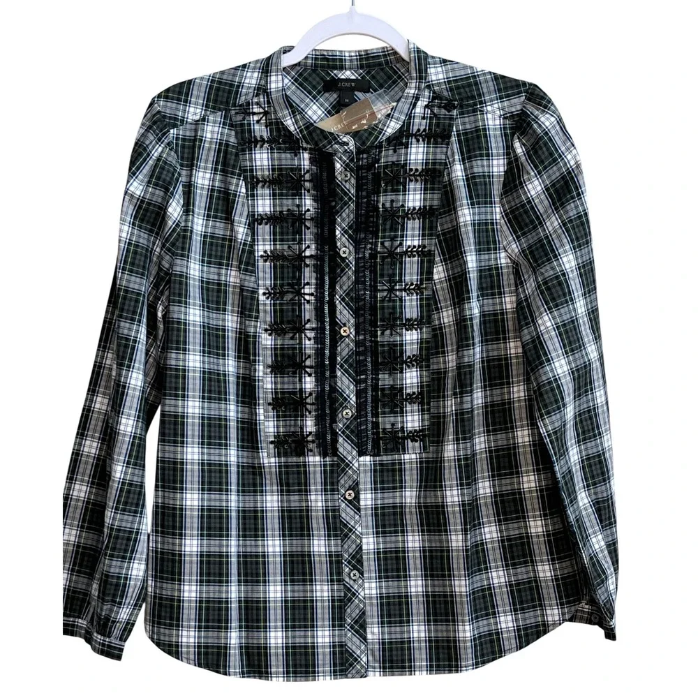 J Crew Plaid Embroidered Shirt Womens M Green Black Button Down Long‎ Sleeve Top